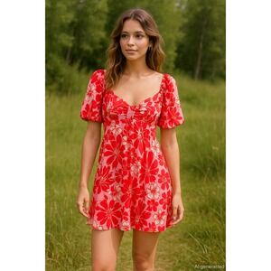 Flying Tomato Womens Babydoll Dress Size M Pink Floral Puff Sleeve Boho Tropical